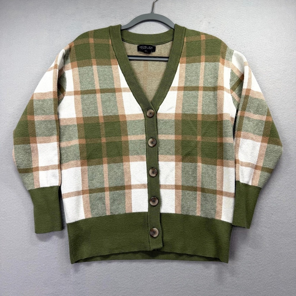 Rachel Zoe Cardigan Sweater Womens Small Green Tan Plaid Soft Knit Button Front‎